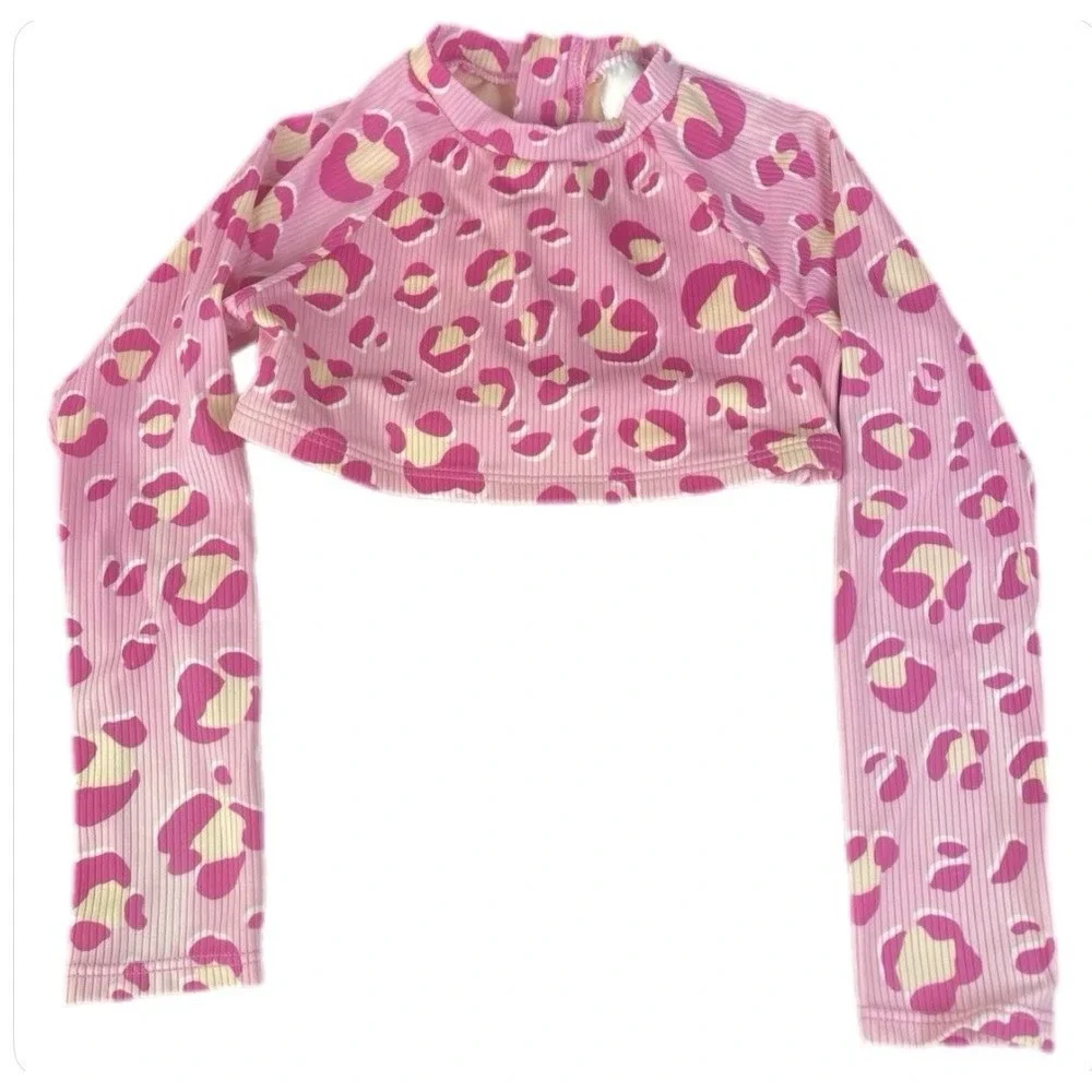 Cat & Jack Rash Guard Girls XS 4/5 Pink Leopard Ribbed Long Sleeve Swim Top